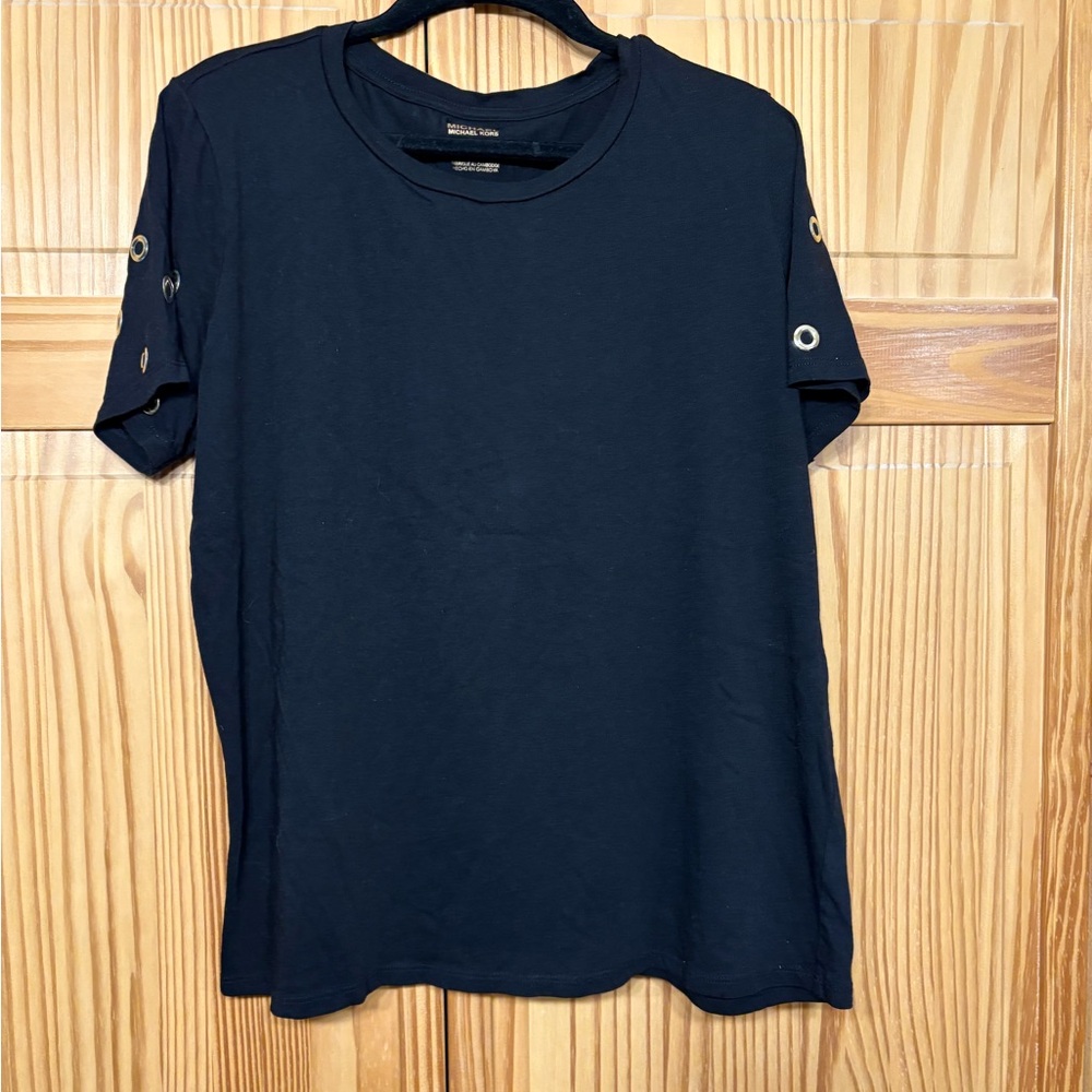 Michael Kors Black Short Sleeve Tee-Black with Gold Tone Grommets on Sleeves-L